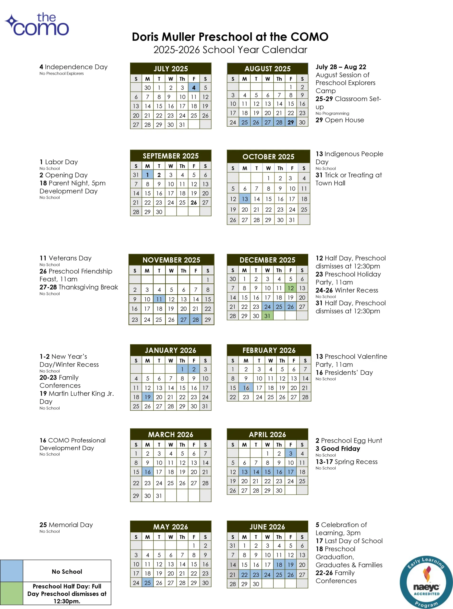 The COMO School Calendar